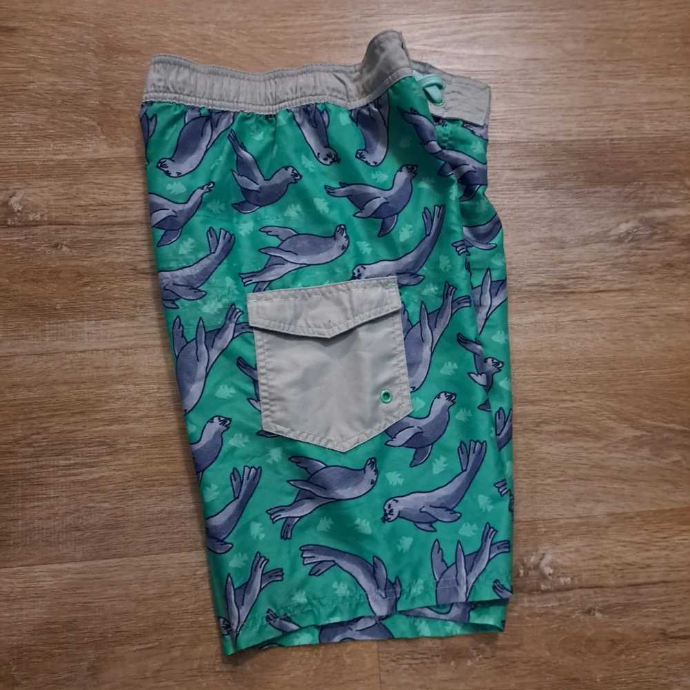 Cat & Jack Kid's Teal Blue Green Sea Lion Print Swim Shorts Drawstring Boy's XL